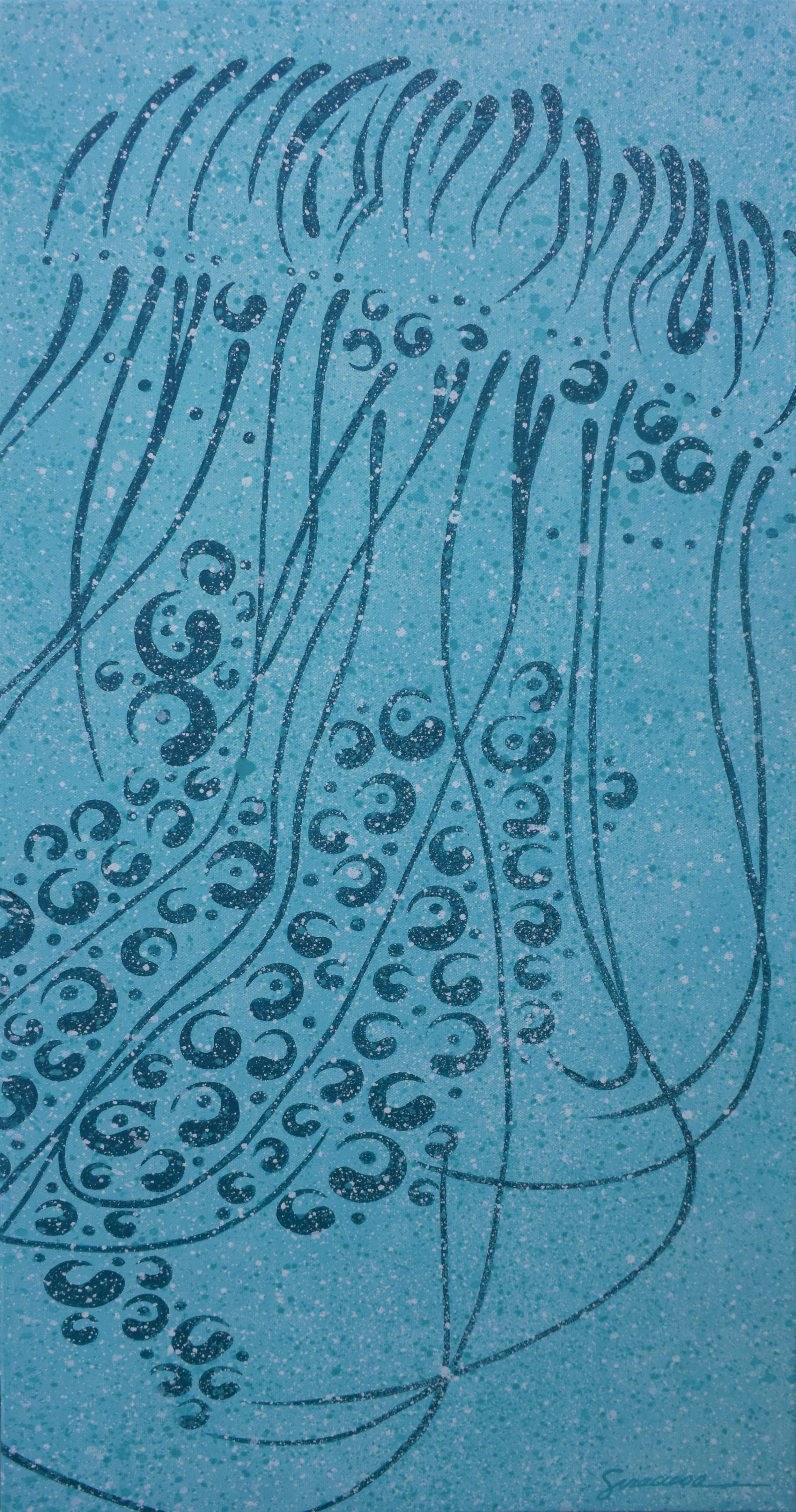 Abstract teal artwork with flowing lines and swirl patterns on textured canvas