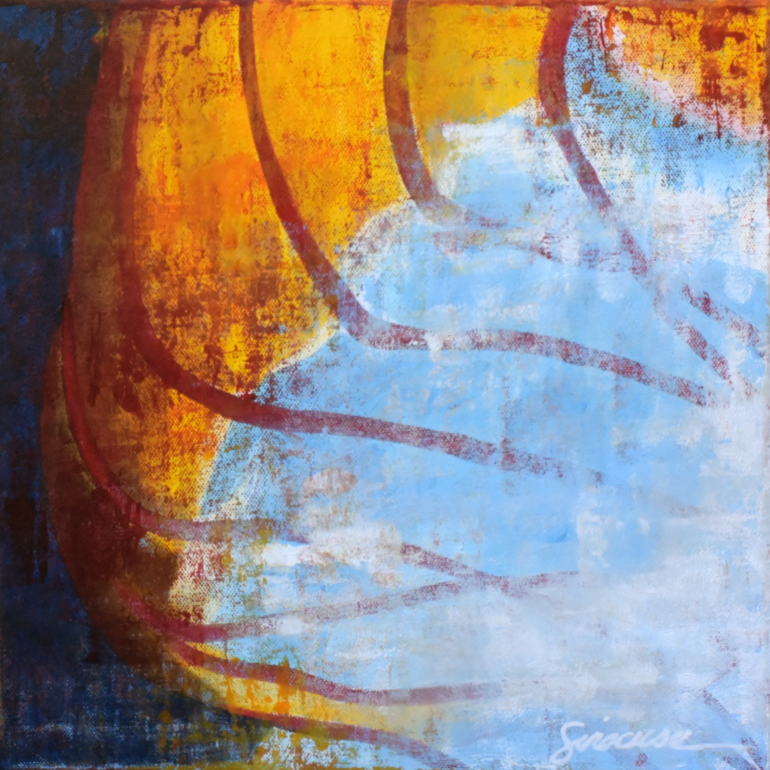 Abstract painting with vibrant orange, blue, and red hues, featuring dynamic curved lines and textured brushstrokes.