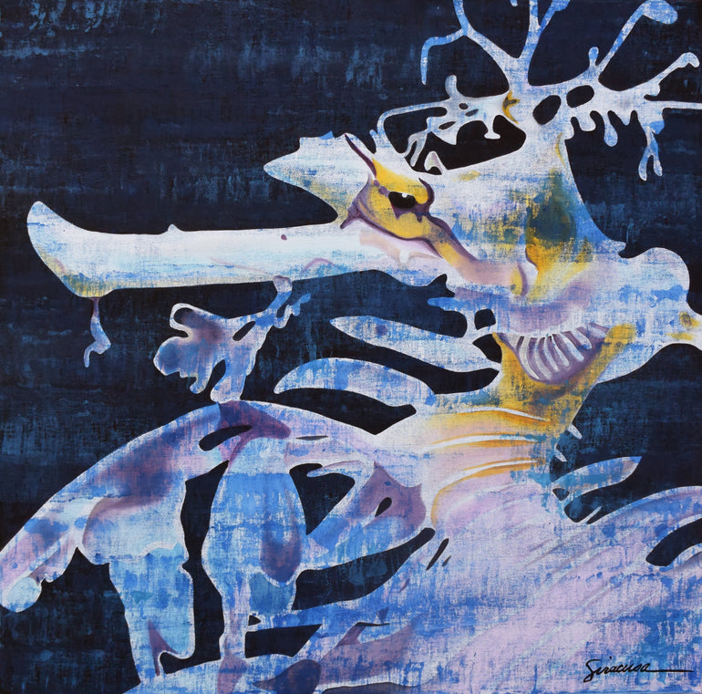 Abstract blue and yellow painting with dynamic shapes and bold contrasts