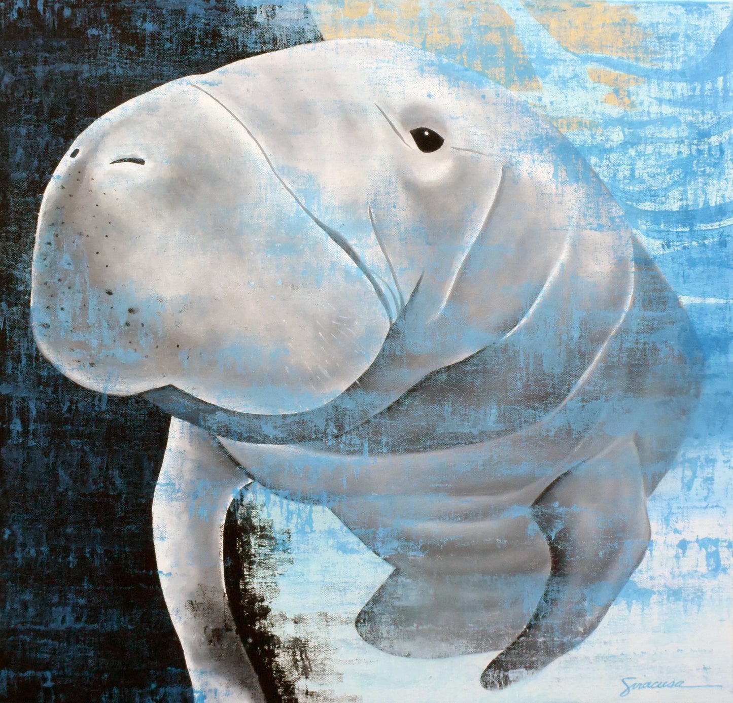 Abstract manatee painting with blue and white tones, oceanic art for coastal home decor