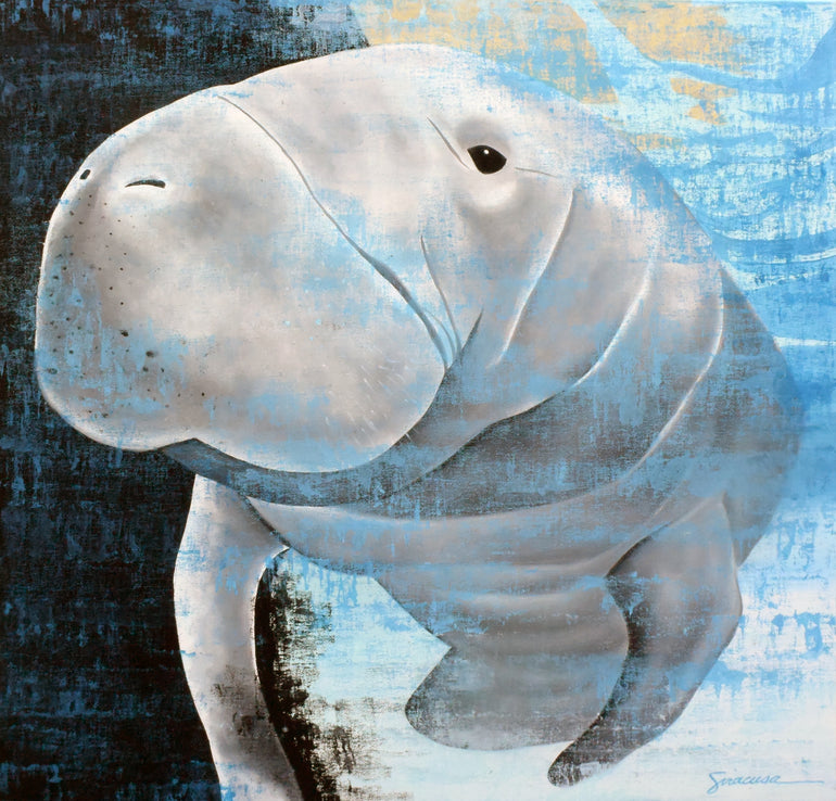 Abstract manatee painting with blue and white tones, oceanic art for coastal home decor