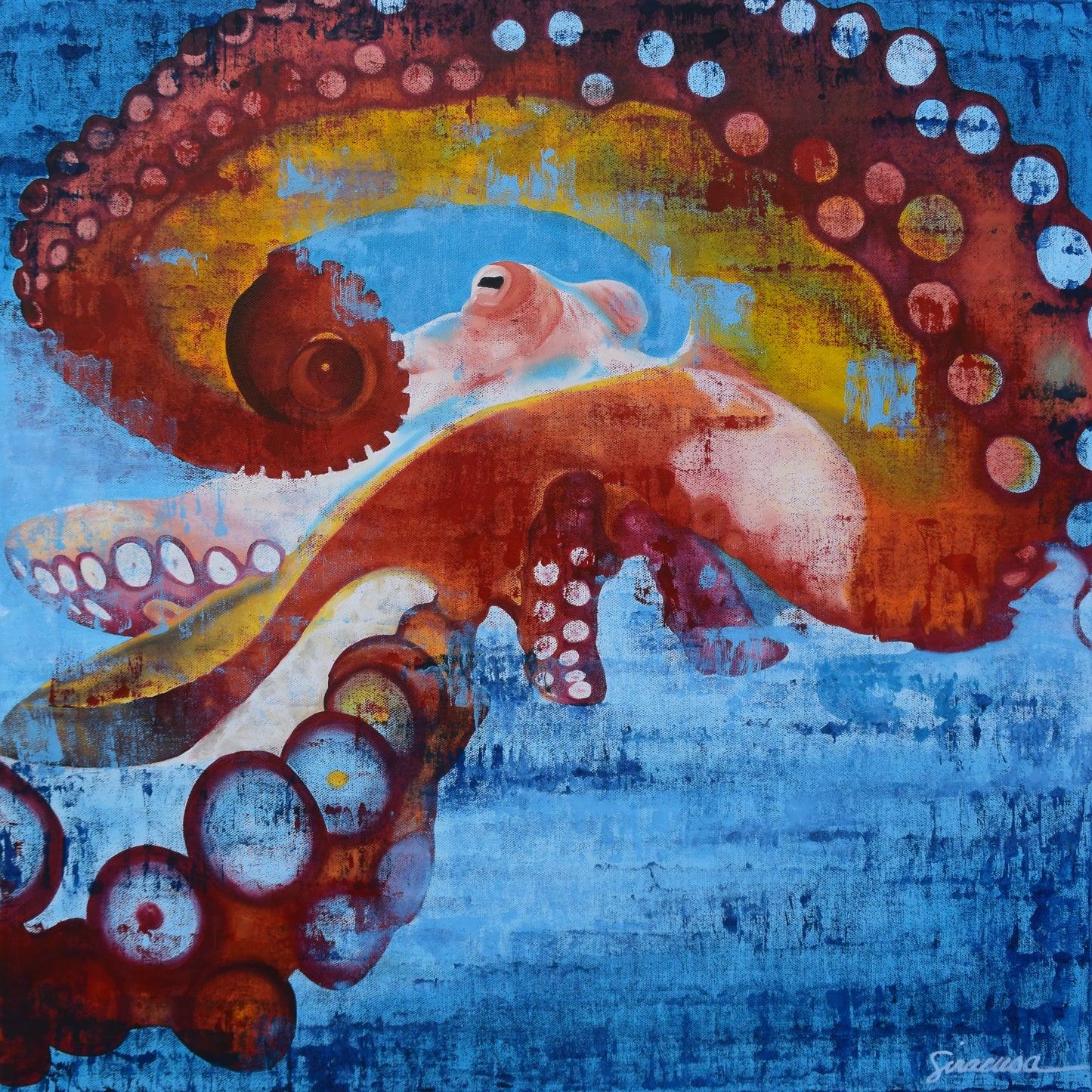 Vibrant octopus painting with bold red, yellow, and blue hues, showcasing textured tentacles and artistic details.