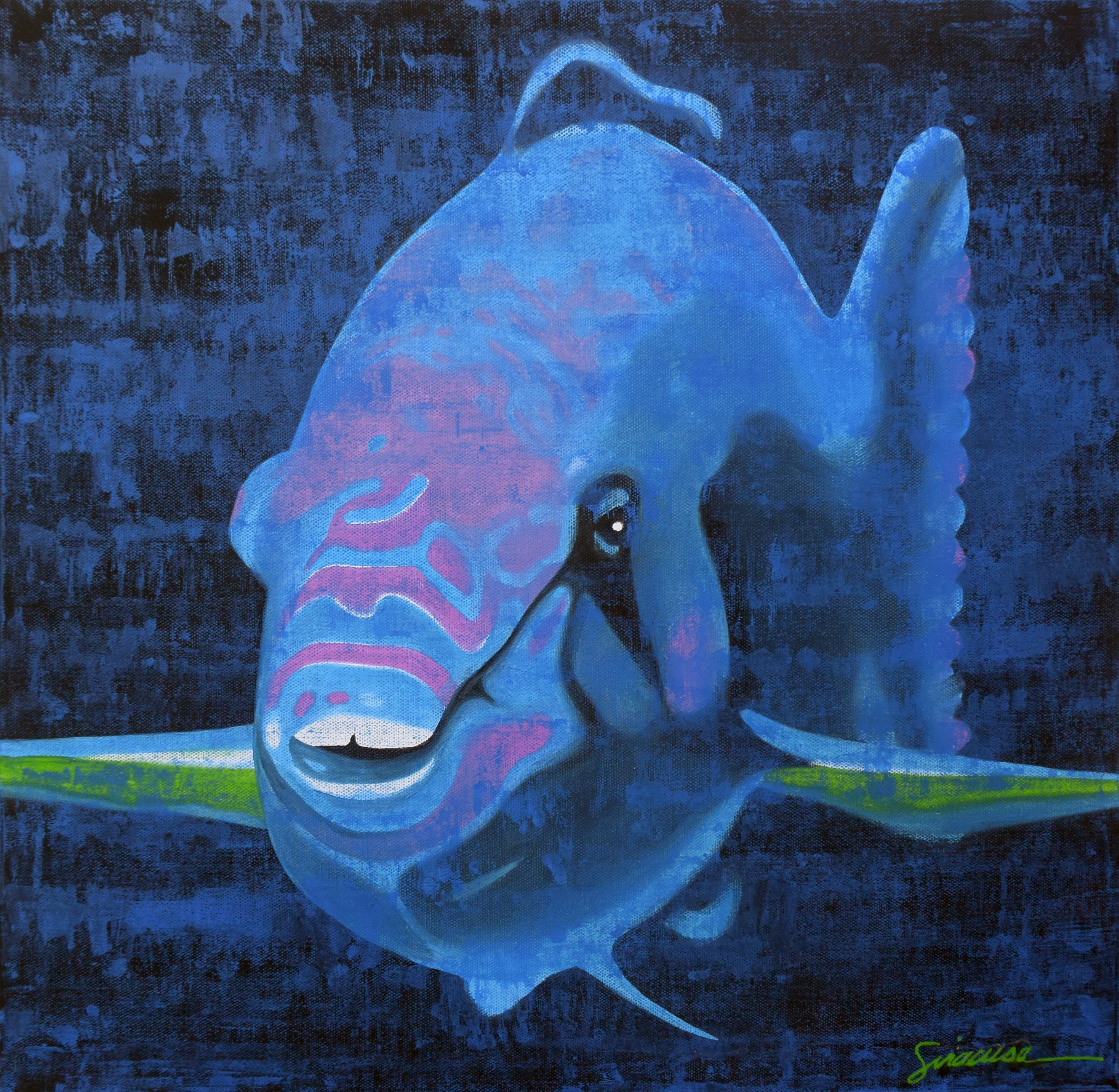 Vibrant blue and pink fish painting with abstract oceanic background