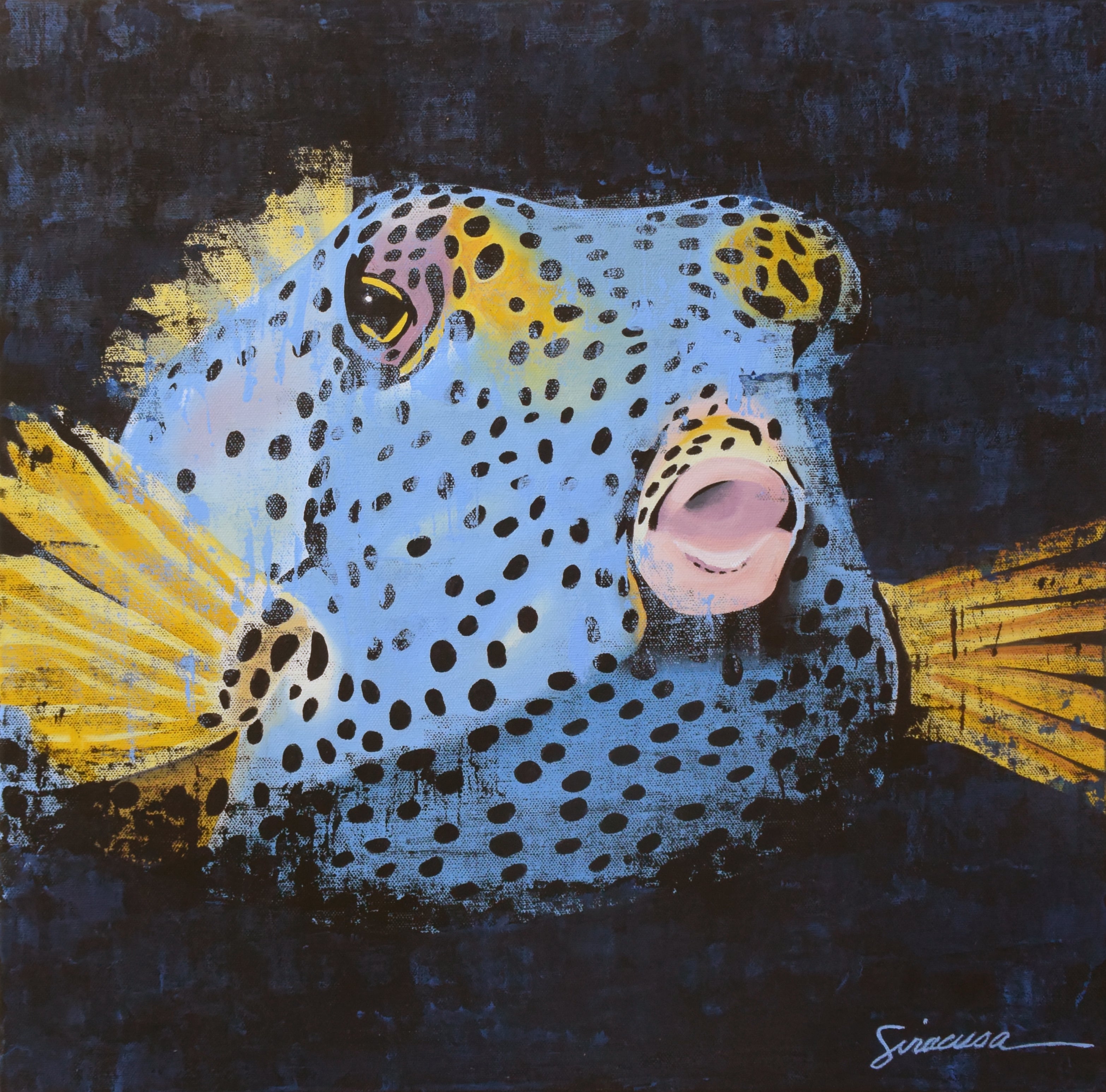Vibrant spotted pufferfish painting with bold yellow fins and dark blue background, modern ocean art