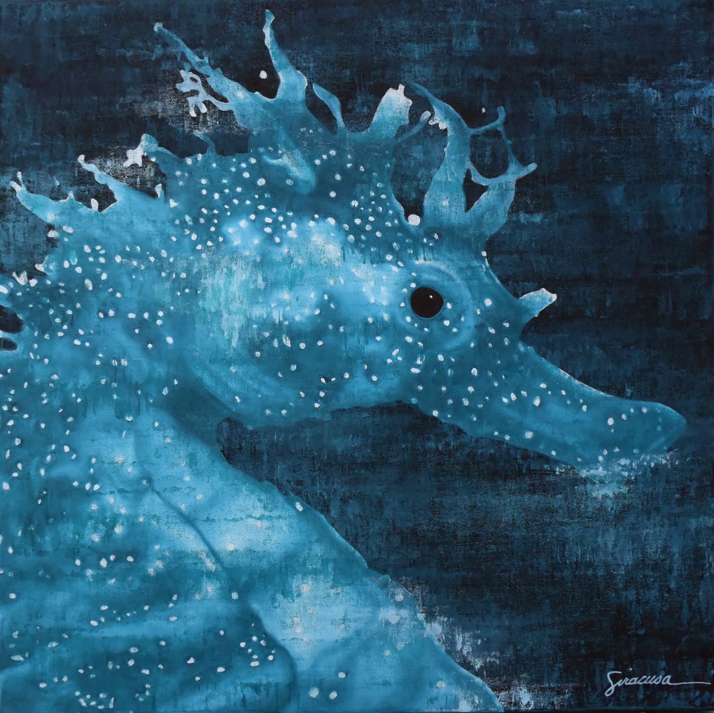 Blue seahorse painting with white speckles and dark ocean background