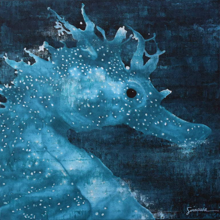 Blue seahorse painting with white speckles and dark ocean background