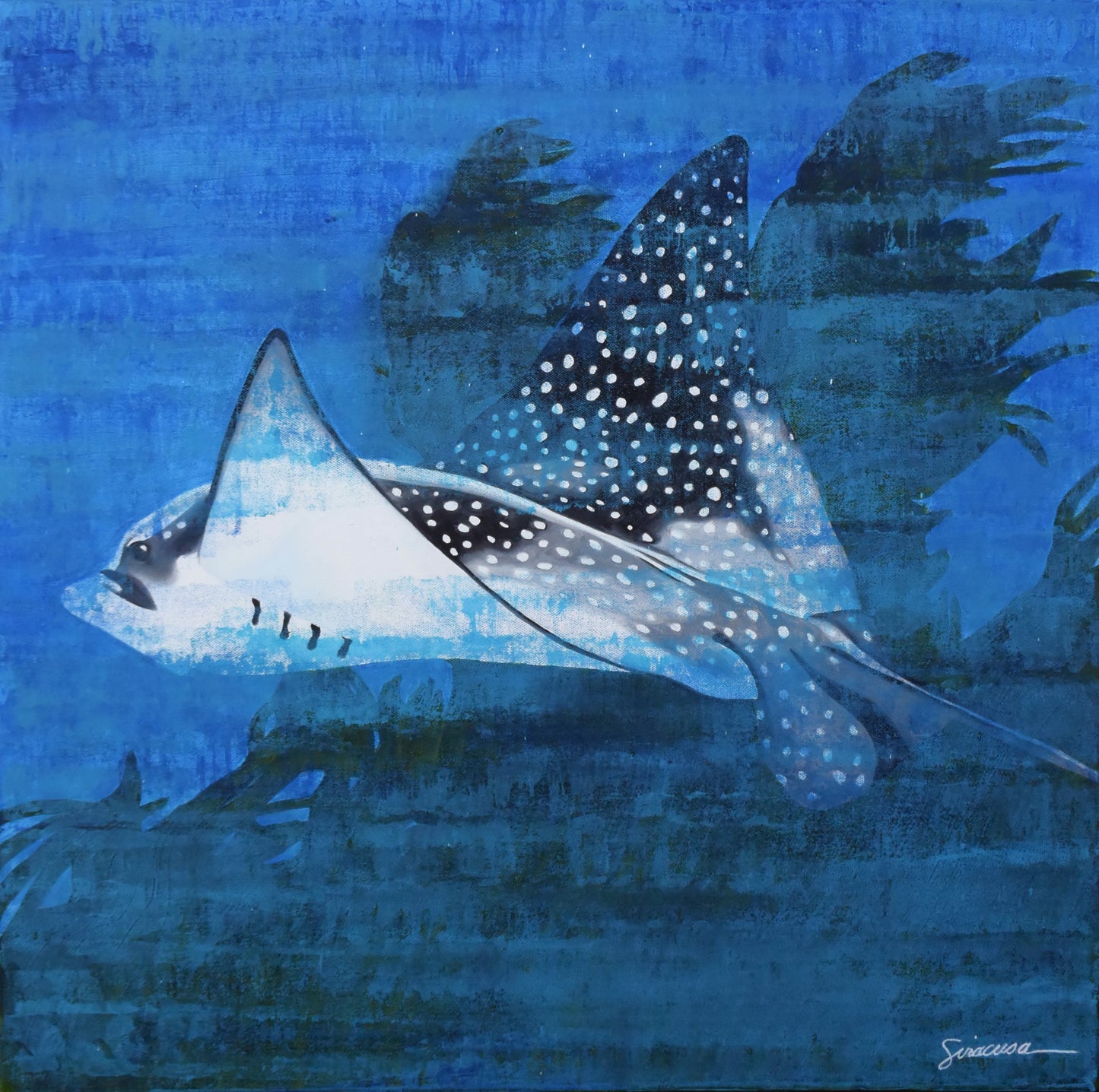 Spotted eagle ray swimming underwater in deep blue ocean, marine life artwork with textured brushstrokes