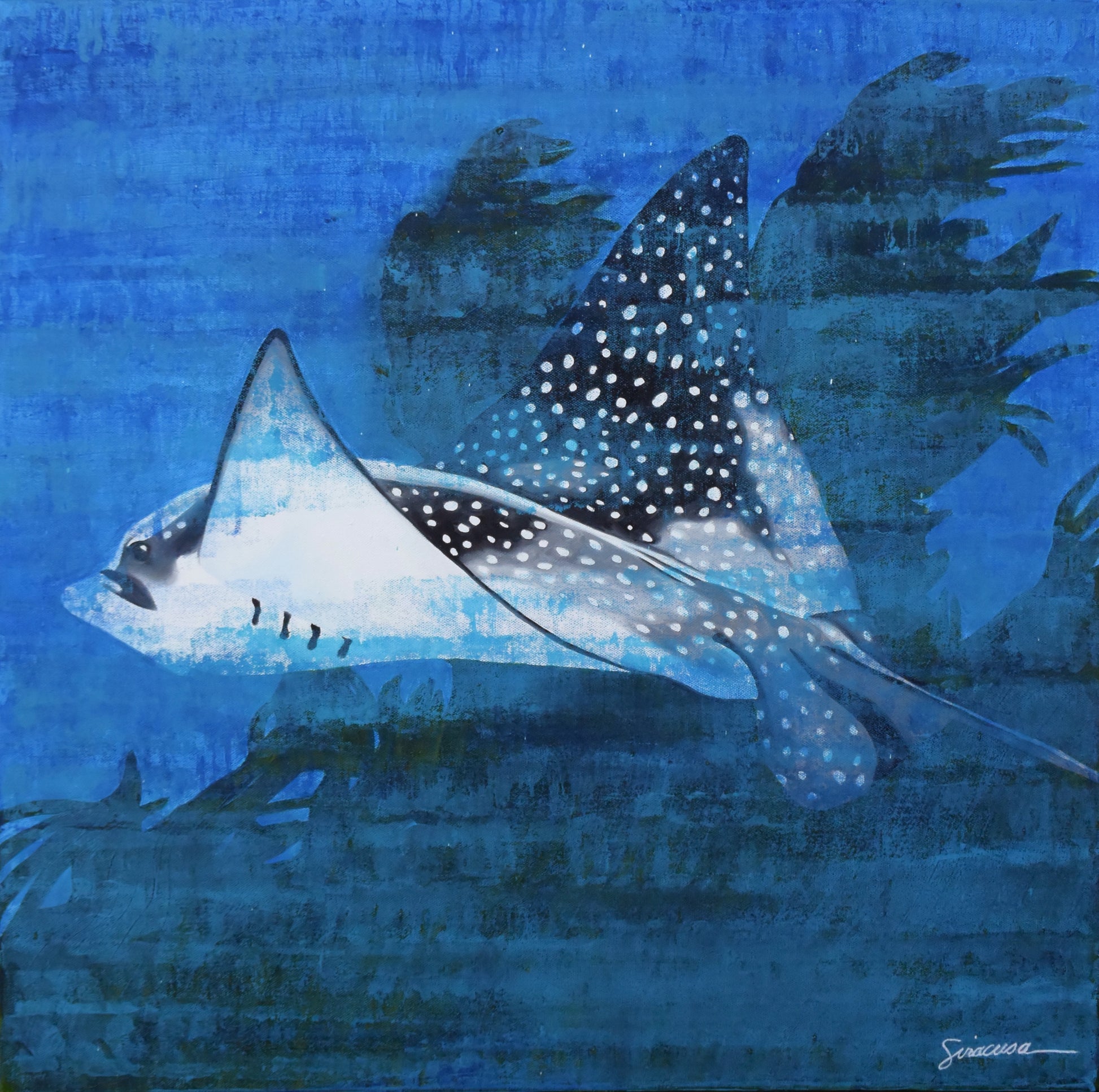 Spotted eagle ray swimming underwater in deep blue ocean, marine life artwork with textured brushstrokes